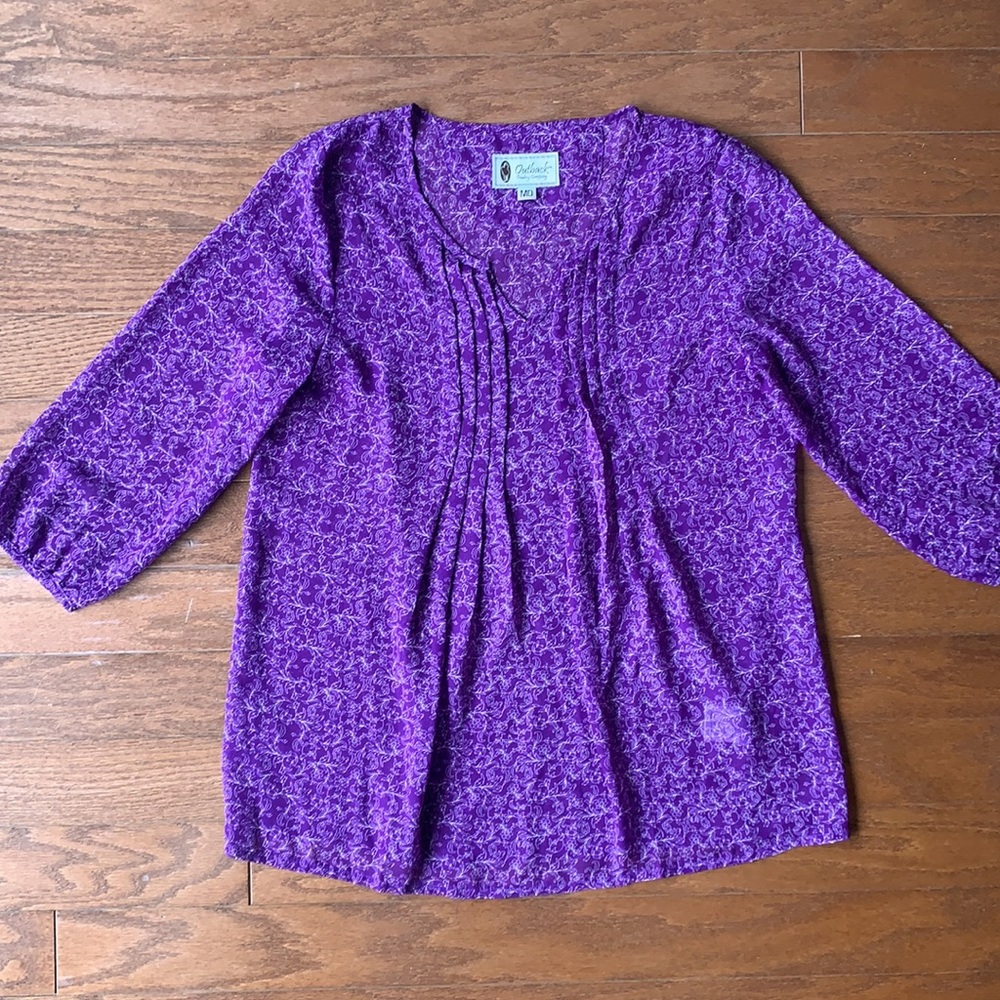 Outback Trading Co. Sheer Purple Floral Printed Anna Blouse Boho Size Medium